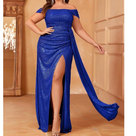 Plus Champagne Sequin Off Shoulder Ruched Formal Party Wedding Dress